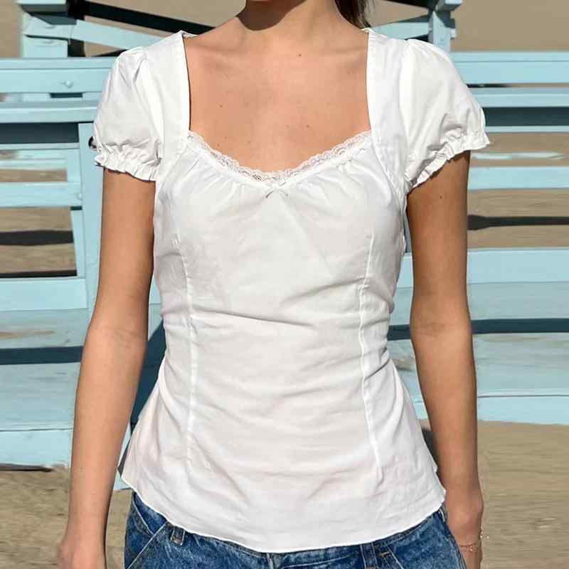 Rakuten - Tシャツ 女性用 白色 レース 方領 泡泡袖 短袖 修身 短丈 コットン 涤纶 接触冷感 吸湿速乾 軽量 伸縮性 街頭スタイル セクシー 夏 春夏 通勤用 普段使い アウトドア