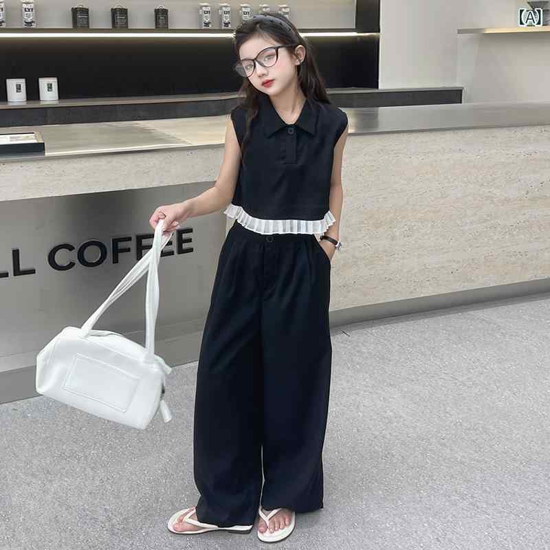 女児 服 セットアップ 女の子 中大童 夏服 無袖 背心 木耳エッジ 薄手 ワイドパン...