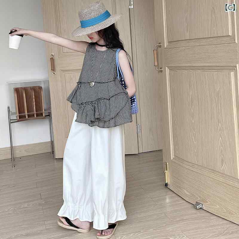 女の子 無袖 トップス 格子柄 ワイドパンツ セット 夏服 軽薄 綿混紡 ポリエステル...