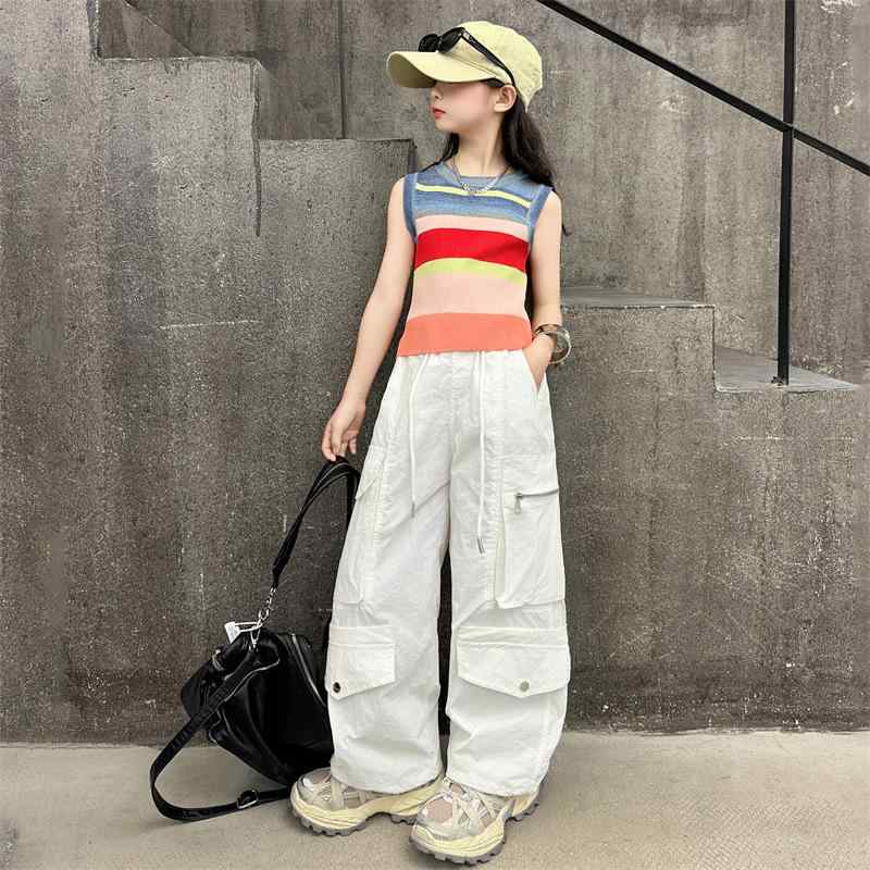 女の子 Tシャツ 背心 セット 夏季 薄手 綿素材 柔軟 赤 黒 白 ワイドパンツ ストレートパンツ 長ズボン 韓国風 潮 無袖 トップス キャミソール 軽量 涼しい 子供服 8歳以上 通気性 日常使い 夏服 ファッション セットアップ ビッグシルエット