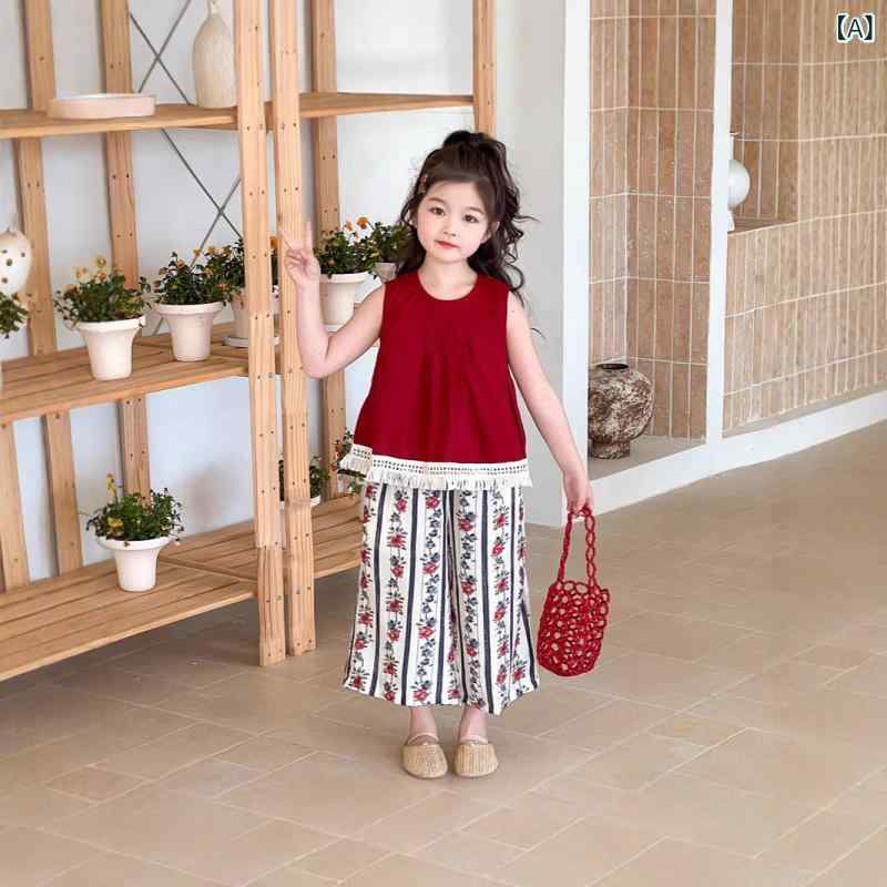 女の子 トップス ショートパンツ セット 夏服 薄手 涼しい かわいい 花柄 プリント 運動風 田園風 カード ポリコットン ポリエステル 赤 90-140cm 3-8歳 無袖 九分丈 柔らかい 普通厚さ
