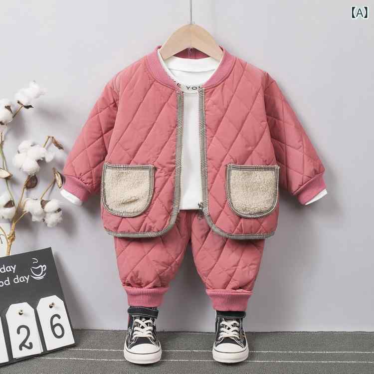 Top & Bottom Sets - キッズ コットン 服 セット 男の子 女の子 1-4歳 秋冬 長袖 長ズボン 加厚 柔軟 綿95% 格子 柄 カード 柄 赤 緑 米 カジュアル スタイル 暖か 軽量 家庭用 外出着 日常 着用 ベビー 幼児 服