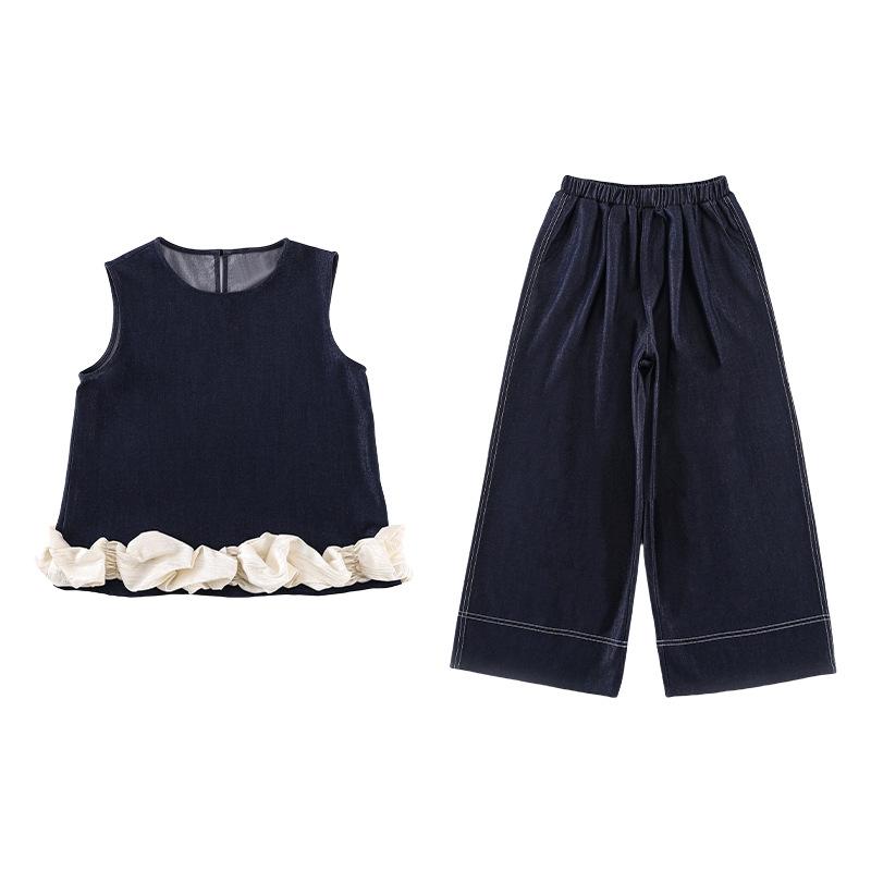 女の子 セットアップ 花辺 デニム 夏服 無袖 トップス ワイドパンツ 2点セット 薄手 軽量 柔軟 素材 ポリエステル 純色 かわいい 韓風 スタイル 通気性 良い 120-170cm 対応 夏 コーデ