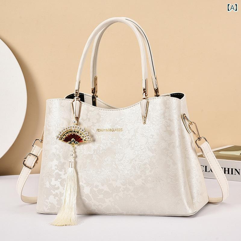 Mother'S Bags - トートバッグ 女性用 都市シンプル 提花サテン 白色 緑色 ブラック PU素材 横型方形 ジッパー開閉 中硬度 大容量 車縫線 単肩ストラップ 立体ポケット 涤纶内装 ジッパー暗袋 証件袋 挟層ジッパー袋 2025夏 軽量 日常通勤 休闲旅行 普段使い