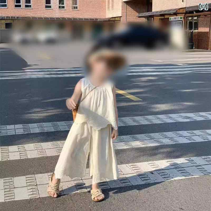 女の子 トップス 無袖 背心 透気 レース 綿 素材 かわいい 夏 服 ワイドパンツ 9分丈 軽量 柔らかい セット 2点 ベビー キッズ 女児 米色 暑さ対策 日常 カジュアル スタイル 部屋着 外出用 遊び着 3-8歳 100-140cm