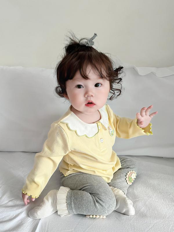 T-Shirts （Short Sleeve） - 女児トップス ベビー服 女の子 長袖 翻領 Tシャツ 綿素材 春秋 春夏 秋冬 動物柄 かわいい 花辺 ピンク イエロー 軽量 通気性 伸縮性 日常着 1-3歳