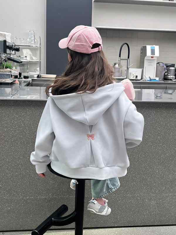 女の子 中大童 春季 コットン 長袖 連帽 ジッパー 開衫 軽量 柔らかい ライトブル...