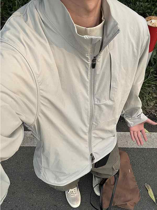 Rash Guards - ジャケット メンズ 立襟 防晒 夏用 薄手 アウトドア 速乾 ポリエステル グレー ブラック ゆったりシルエット ジッパー サイドポケット 日常使い 軽量 接触冷感 伸縮性 吸湿速乾 港風 カジュアル ストリート 2025春夏