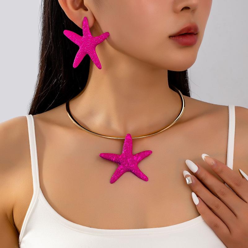 Mandarin - アクセサリーセット 女性用 夏 ファッション 耳飾り ネックレス セット 合金 加工 インレイ シンプル スタイル チャーム チェーン ガラス 素材 方形 モチーフ バラ レッド 系 ビーチ バケーション コーディネート ハンドチェーン アクセント ジュ