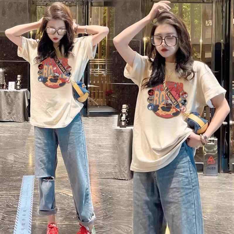Rakuten - Tシャツ 女性用 春夏 短袖 丸首 純棉 接触冷感 ゆったり ビッグシルエット 正肩 中長丈 プリント柄 ストリート トレンド 杏色 ホワイト ブラック ダークグレー ワインレッド 腹カバー 普段使い 軽量 吸湿速乾 かわいい