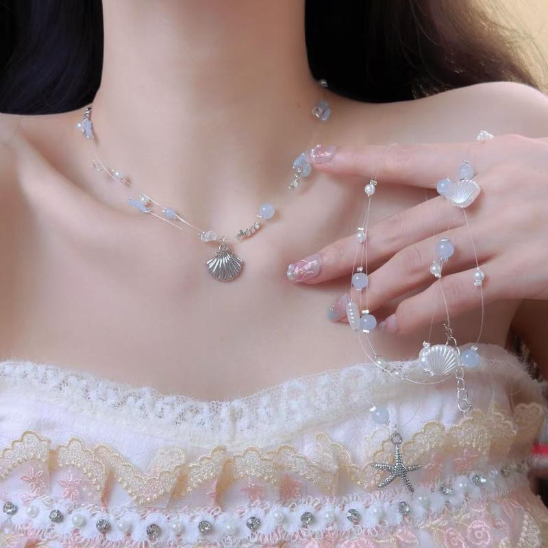 Indigo Light - ネックレス 女性用 かわいい 多層 鎖骨チェーン ビーチ リゾート 春夏 貝殻 星型 ジルコニア 装飾 軽量 調整可能 ピンク系 ホワイト シルバー アクセサリー コーデ 自然 素材 混合 宝石 アクセント