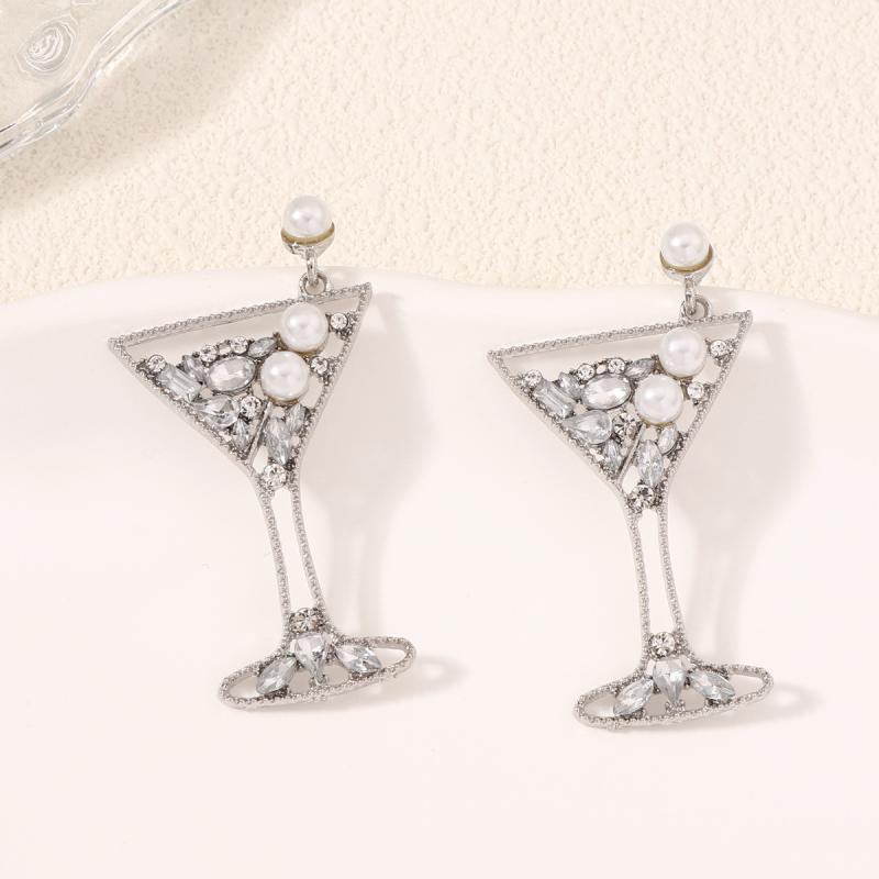 Opal - レディース イヤリング 耳飾り ジュエリー ワイングラス デザイン 幾何学 形状 ダイヤモンド 風 真珠 モチーフ 香槟色 緑 ローズ シルバー カラー 合金 素材 軽量 ファッション OL 通勤 スタイル 春夏 シーズン かわいい 女性用 アクセサリー