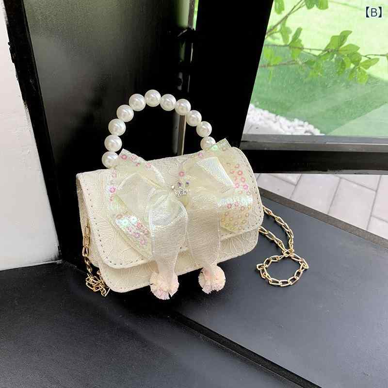 Pochettes - キッズ バッグ 女の子 ミニ 手提げ 斜めがけ プリンセス デザイン 珍珠 蝶結び リボン レース 装飾 チェーン ストラップ 横型 方形 磁石 開閉 電話 ポケット ミルクホワイト ピンク ブルー 清新 甘美 スタイル 日常 コーディネート 夏 ミニー