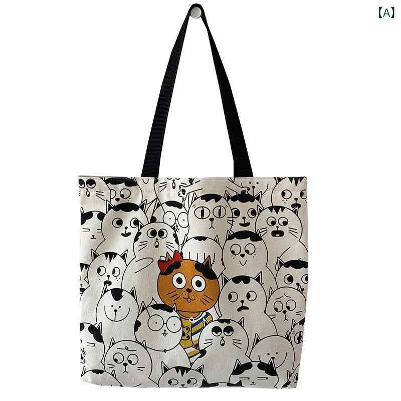 Pochettes - トートバッグ かわいい 動物 手描き イラスト 単肩 鞄 書類 入れ キャンバス 大容量 レディース ストリート スタイル トート 横型 大きめ アルファベット プリント 2025 夏 無地 裏地なし ジップ 開閉 携帯 ポケット カード ポケット ソフ