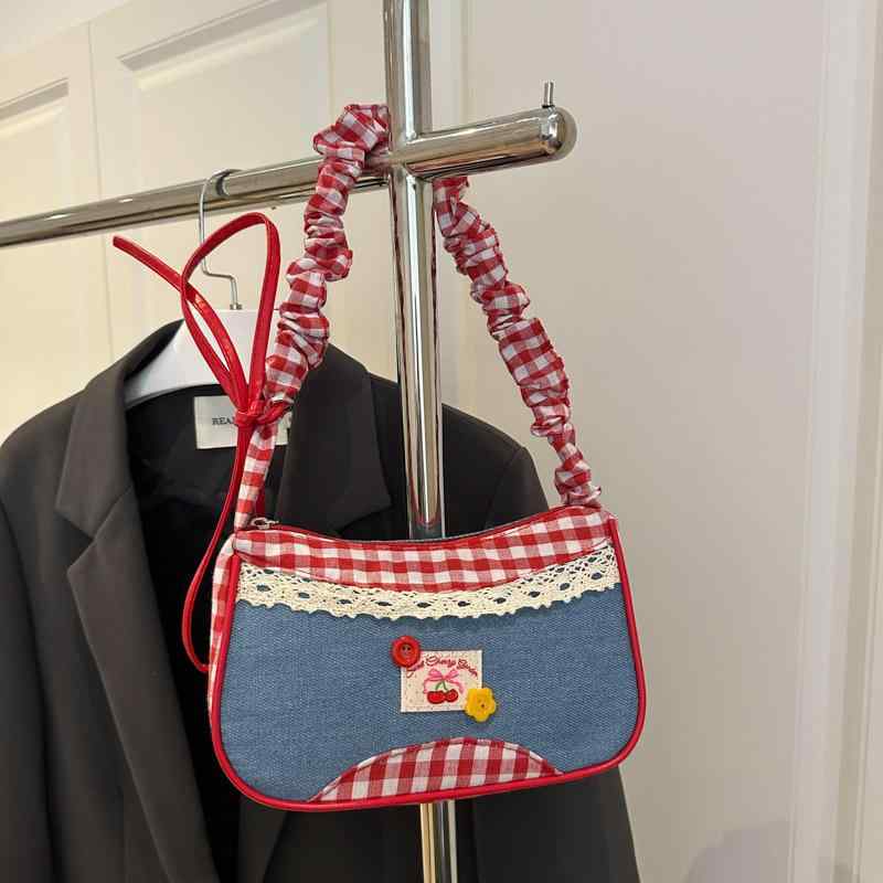 Pochettes - レディース ハンドバッグ 赤 格子柄 布製 小方型 横型 ソフト シングルストラップ 日常使い 都市シンプル ステッチ トレンド 夏 ファッション かわいい レース ショルダーバッグ 斜めがけ キャンパス風 軽量 涤纶ライニング ジッパー開閉