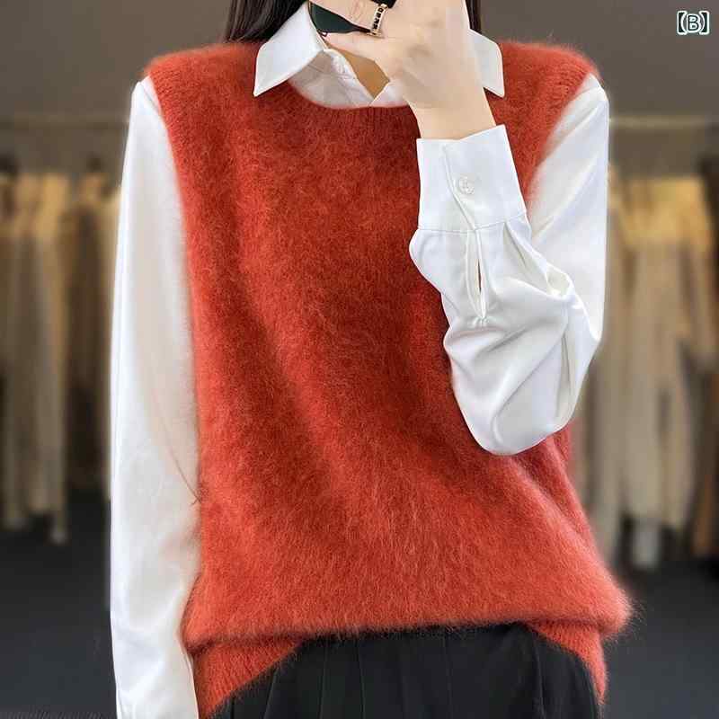 ニットベスト レディース ノースリーブ ベスト カシミヤ混 ウール混 チョッキ トップス 秋冬 保温性 高級感 厚手 防寒 シンプル 無地 レイヤード 重ね着 — vista 3