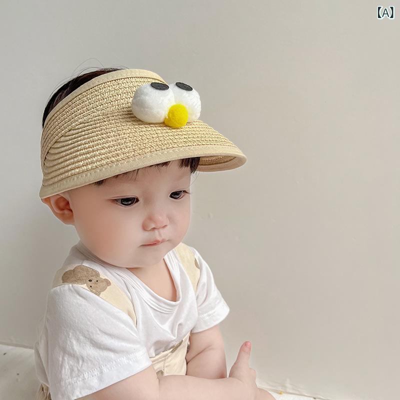 ベビー 帽子 夏用 空頂 麦わら帽子 男の子 女の子 かわいい デザイン 米色 橘色 カ...