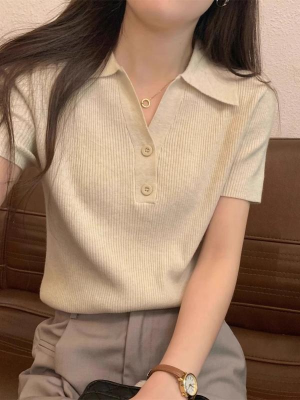 ・主な素材: 粘膠繊維・柄: 3D効果・厚さ: 薄・スタイル: 修身型・袖丈: 三分袖・ネックライン: POLO領・着丈: 普通(50cm＜着丈≤65cm)・カラー展開: 燕麥色、白色、黒色、杏色・サイズ展開: 均碼(40-60kg)・スタイルタイプ: 清新甜美
