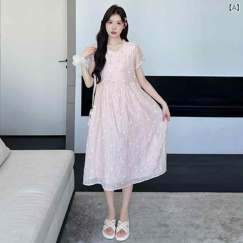 ワンピース マタニティ レディース シフォン プリーツ襟 小花柄 夏服 妊婦服 ゆっ...