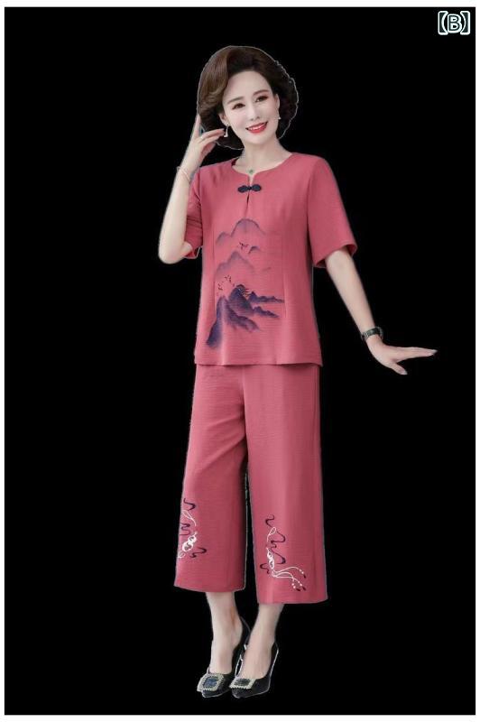ママ服 レディース 夏 春夏 セットアップ トップス スカート 麻 綿 接触冷感 吸湿速乾 軽量 通勤用 普段使い 気質 優雅 ミドル シニア 女性用 ゆったり ブルー 赤 グリーン カーキ 三分袖 切り替え デザイン ビッグシルエット Vネック カジュ novolstore-10606880 novolstore サンプル画像3