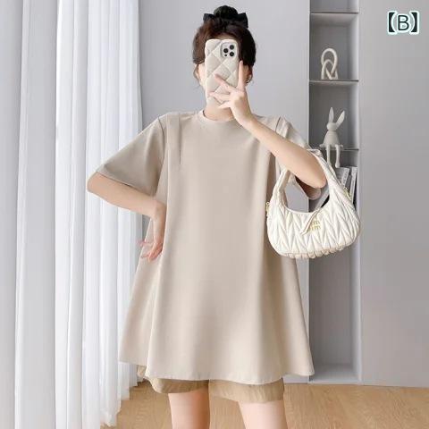 マタニティワンピース レディース 夏服 ラウンドネック 体型カバー 大きいサイズ ...