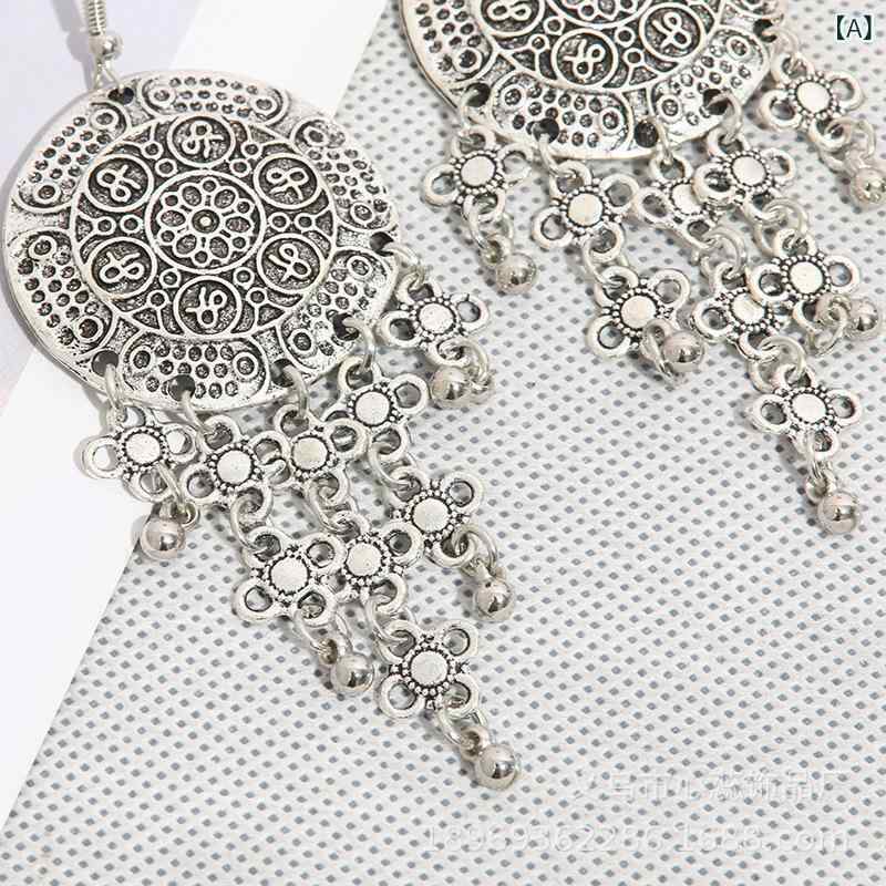 Cubic Zirconia - イヤリング ボヘミアン 復古 円形 彫刻 花柄 多層 水滴 フープ 流蘇 古銀 合金 軽量 揺れる 春夏 女性用 アクセサリー かわいい デザイン レイヤード スタイリッシュ