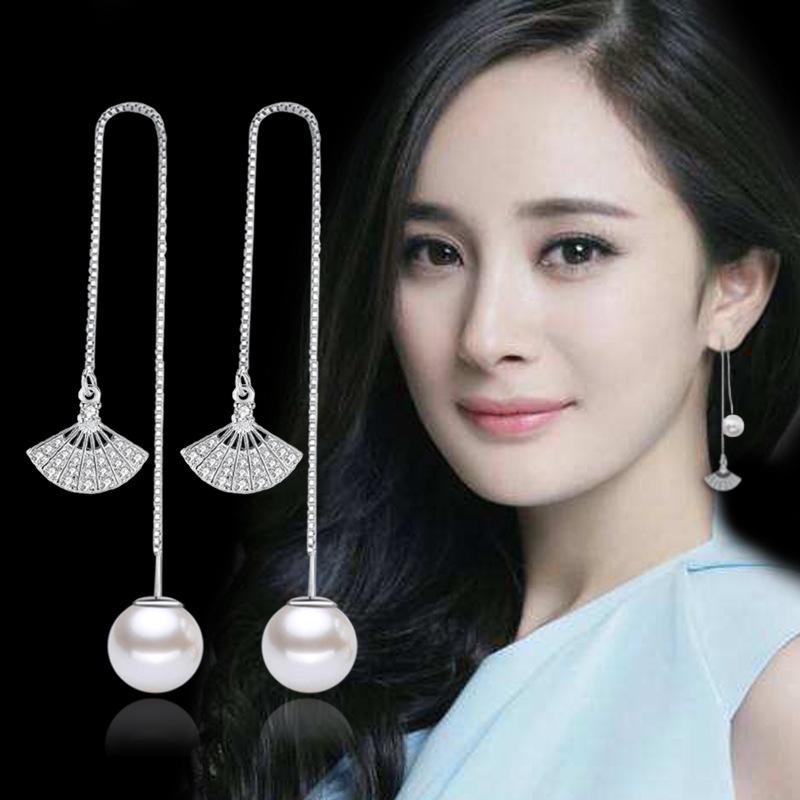 Cubic Zirconia - イヤリング 女性用 韓国風 気質 長め 流蘇 耳飾り 星形 珍珠風 耳線 ファッション アクセサリー 軽奢 ファッション通勤 春季 プラチナ風 メッキ加工