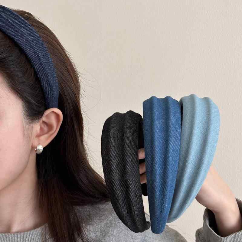 헤어 밴드 여성용 데님 소재 심플 와이드 한국풍 헤어 액세서리 패션 통근 여름 칼라 바리에이션 흑회색 감색 진청 라이트 블루 경량 신축성 일상 사용