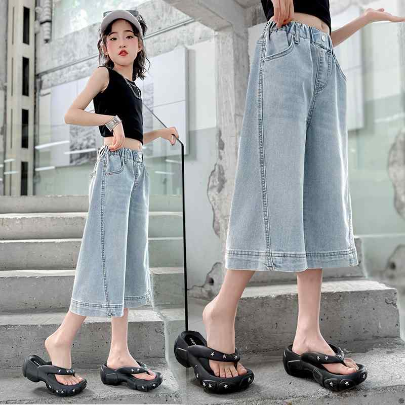 乐天商城 - 女の子 七分パンツ 夏 短パン 牛仔 中パンツ 子供 デニム ハーフパンツ 薄手 コットン混紡 ポリエステル 柔軟 処理 高腰 皮筋 腰帯 韓国風 ブルー 120cm 130cm 140cm 150cm 160cm 170cm 8歳以上 大きめ 女児 夏