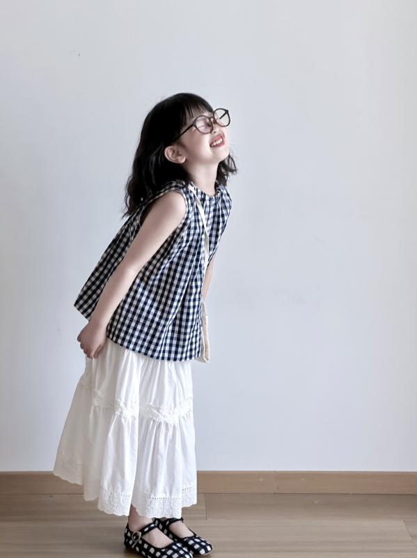 女の子 トップス 無袖 シャツ ブラウス ワンピース スカート セット 綿 素材 格子柄 森ガール かわいい 夏服 柔らか 普通厚 韓国風 女児 中小童 90-150cm 3-8歳 通気性 日常着