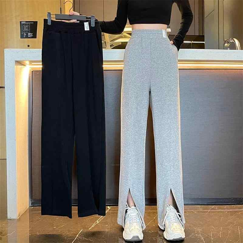 Long Pants - レディース ワイドパンツ 高腰 垂感 灰 黒 春夏 スリット 切り替え 直筒 長丈 通勤 普段使い 気質 ポリエステル スパンデックス ミックス 微弾性 中厚 ゆったり シルエット スタイリッシュ