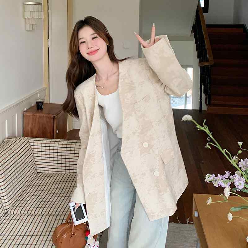 小西装 レディース Vネック 長袖 通勤 気質 ポケット 米杏 杏色 ベージュ 純色 ポリエステル 春 トレンド 洗練 ビジネス フォーマル ジャケット ブラウス トップス シャツ コート 軽量 快適 スタイル コーディネート