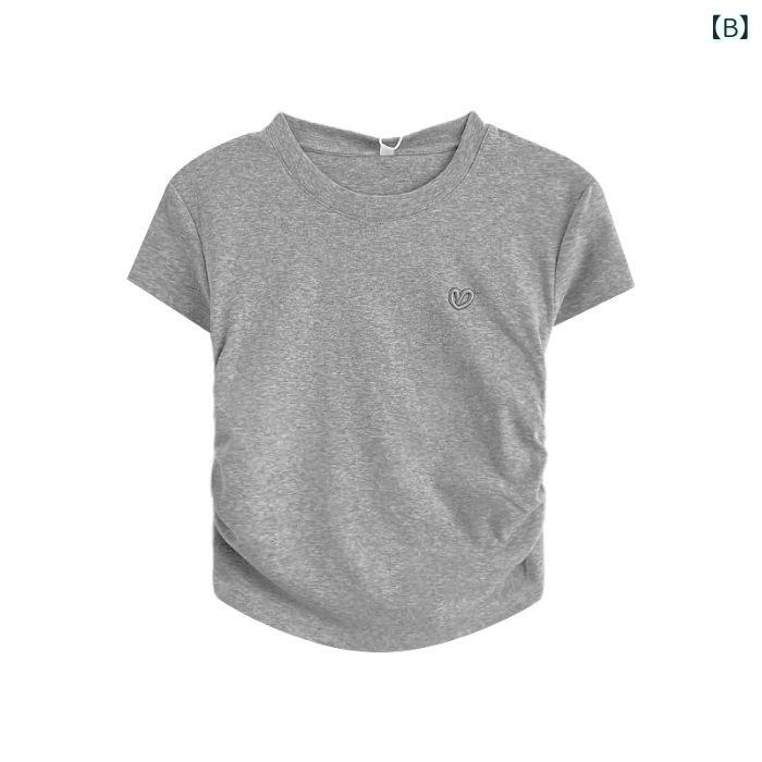 Tシャツ レディース 短袖 修身 かわいい 立体 ハート 刺繍 韓国風 少女 デザイン 不規則 ステッチ 切り替え トップス 綿 95% 丸首 スリム 街頭 トレンド 個性 ブラック グレー 白 novolstore-10708430 novolstore サンプル画像3