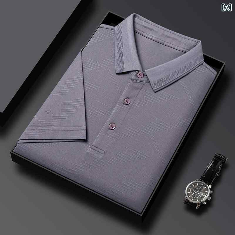 メンズ Tシャツ ポロシャツ 半袖 翻領 桑蚕絲 綿 ポリエステル 透気 吸湿排汗 薄手 ゆったりシルエット ビジネス 日常 中年 紫 グレー グリーン 夏 提花 幾何柄