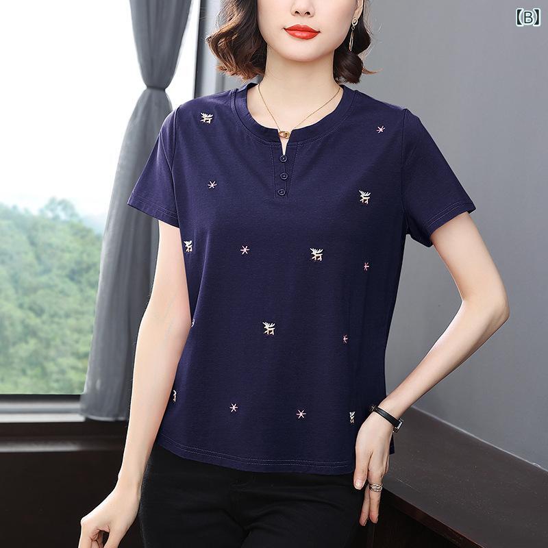 Tシャツ レディース カットソー トップス 半袖 綿 100 コットン 薄手 軽量 刺しゅう 花柄 丸首 プルオーバー ゆったり 楽ちん 涼しい 快適 カジュアル 普段使い お出かけ 婦人服 ミセス 母親 高齢者 シニア novolstore-10943001 novolstore サンプル画像3