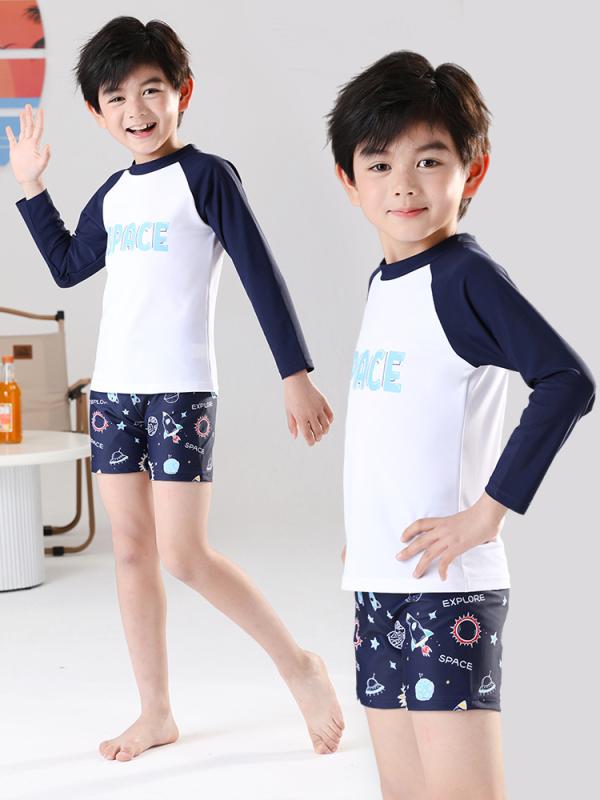 キッズ 水着 男の子 セパレート 長袖 トップス スイムパンツ 上下セット UVカット 紫外線対策 日焼け防止 伸縮性 撥水 速乾 動きやすい レジャー プール 海 川 ビーチ アウトドア スイミング スクール ホワイト 春 夏