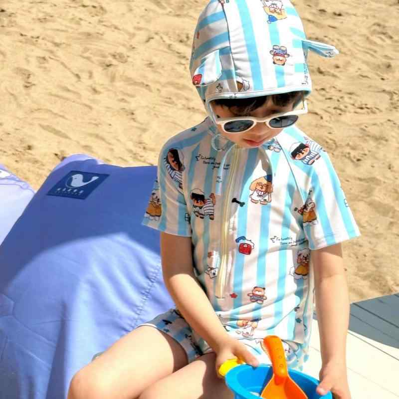 子供 水着 男の子 ベビー スイムウェア 長袖 紫外線対策 UVカット 接触冷感 速乾 スイミング スクール プール 海 ビーチ 夏 ブルー しまむら風 ボーダー オールシーズン