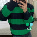 ASCLO(エジュクロ)ASCLO Cable Border Knit【8/25up_ka】韓国 韓国ファッション　ニット ケーブルニット ストライプ オーバーフィット レイヤード デイリー ベーシック 秋3rdspring2【7】※メール便不可