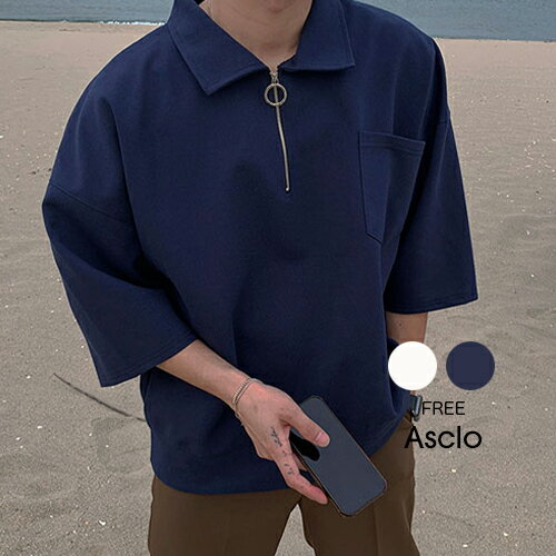 ASCLO(エジュクロ)ASCLO O Ring Zip Collar T Shirt【○/○up】韓国 韓国ファッション　韓国ブランド Tシャツ 夏 夏服 ユニセックス シンプル ワンポイントオーバーサイズ 3rdspring2【7】※メール便不可のサムネイル