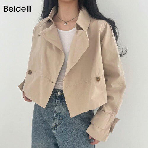 Beidelli(ベイデリ)ダブルトレンチショートコート韓国 韓国ファッション　タイトアウター　クロップ　スプリングコート　レディース※メール便不可