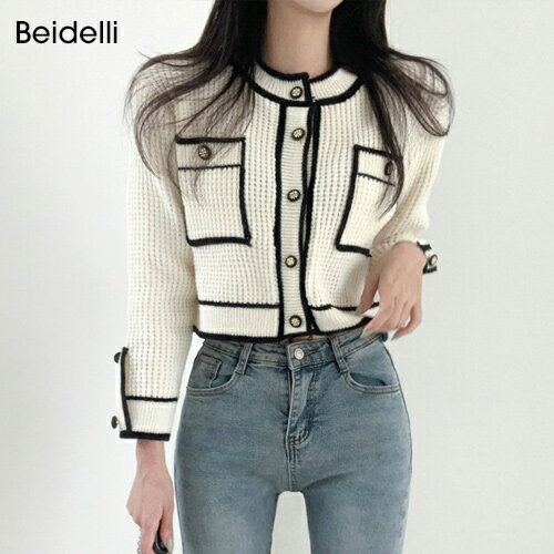Beidelli(ベイデリ)フェミニンツイード配色カーディガン【12/7up_ka】韓国 韓国ファッション　トップス　ニット　クロップ　ショート丈　レディース ファッション　【7】※メール便不可