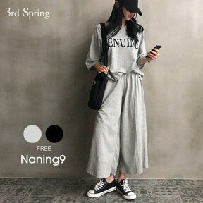 【NANING9国内1位】NANING9(ナンニング)GENUINEセットアップ【5/14再販】 韓国 韓国ファッション　ワイドパンツ パンツ ゆったり 春 tシャツ ロゴtT ジムウェア ヨガウェア ルームウェア 部屋着 パジャマ ナンニング 半袖【送料無料】