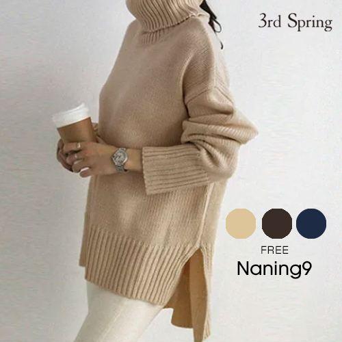 NANING9(ナンニング)サイドスリットタートルネックセーター 韓国 韓国ファッション　セーター ルーズフィット ニット ゆったり トップス タートルネック ハイネック 大人カジュアル きれいめニット ナンニング