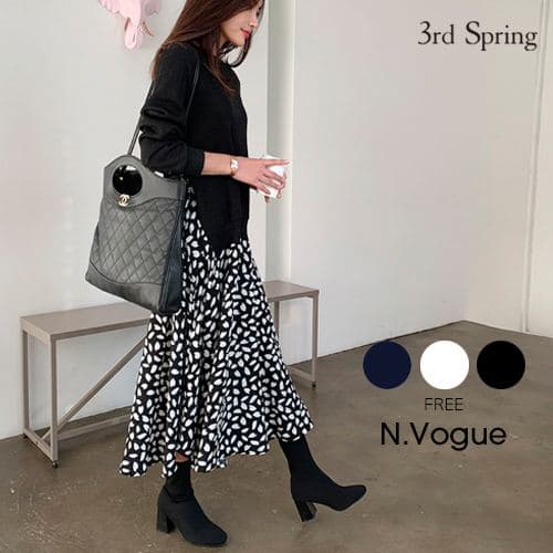 【SALE】【特別SALE】≪新色追加≫N.Vogue エヌヴォーグ ドッキングロングワンピース 韓国 韓国ファッション ロングワンピース 黒 ワンピース ロング丈 スカート 楽ちんワンピ 柄 ニット タート…