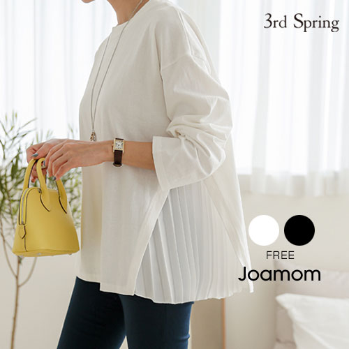 JOAMOM(ジョアマム)サイドプリーツtシャツ【3/3up_go】【メール便】韓国 韓国ファッション　トップス 春 tシャツ 長袖 ロンt プリーツ レイヤード tシャツ 切替 フレア トップス レディース ファッションのサムネイル