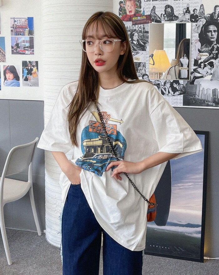 SONYUNARA(ソニョナラ)KAPPA THETAレタリング半袖tシャツ【4/30up_ka】韓国 韓国ファッション tシャツ 半袖 プリント レトロ ビンテージ オーバーサイズ 体型カバー ストリート カジュアル【5】