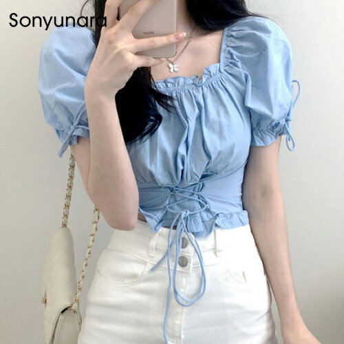 SONYUNARA(ソニョナラ)リボンシャーリングフリルクロップパフ半袖ブラウス韓国 レディース ファッション