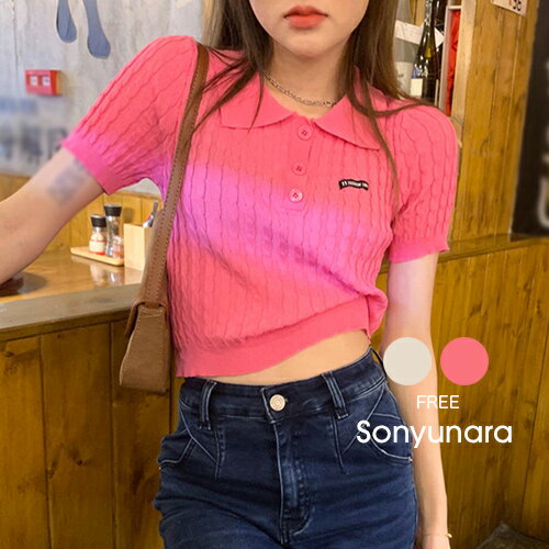 SONYUNARA(ソニョナラ)ケーブルカラーネック半袖ニット韓国 ファッション レディース 