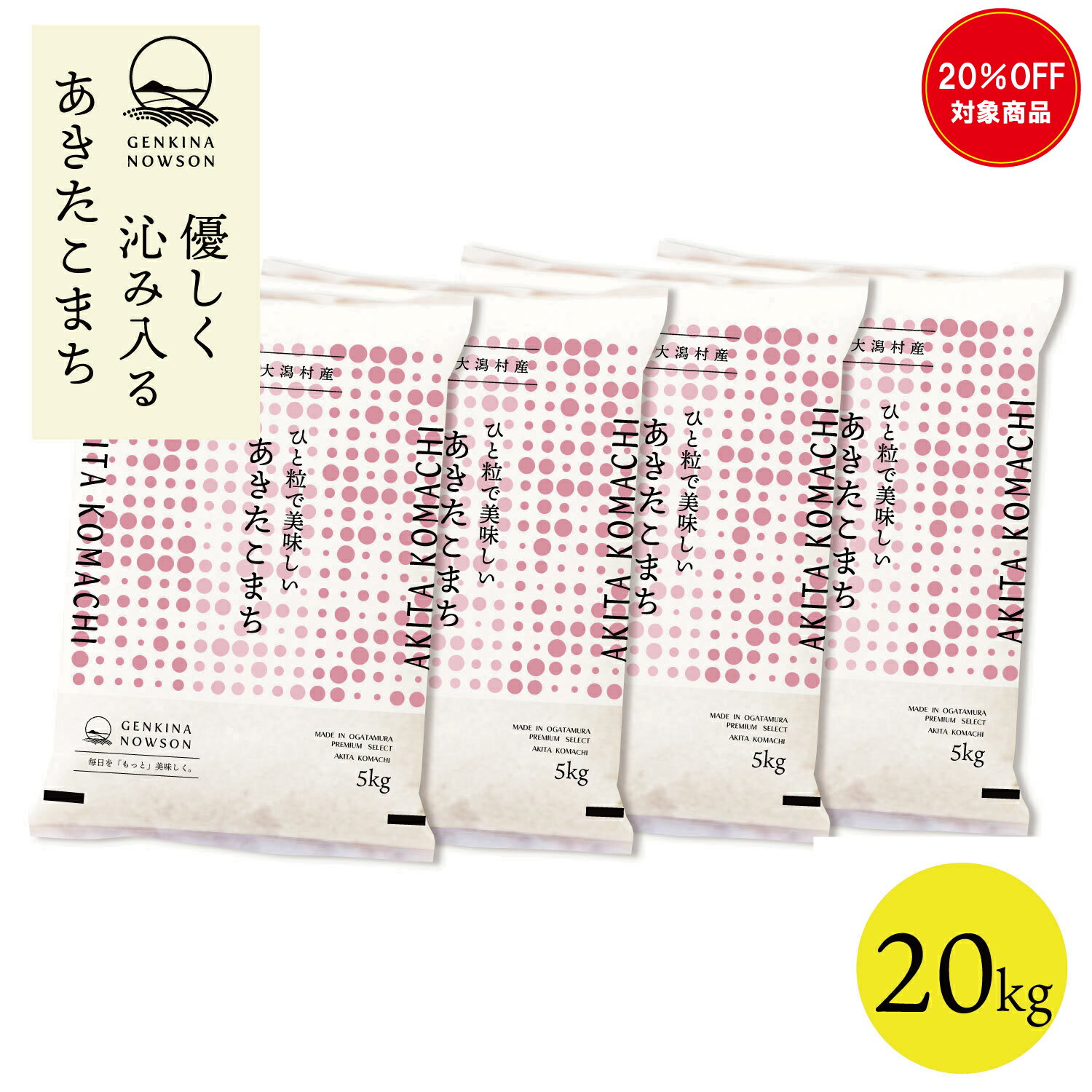 20％OFF！あきたこまち 20kg 送料無料 脱気包装5kg×4袋 選べる精米（白米／無洗米) 令和7年産 秋田県産 農家直送 小分