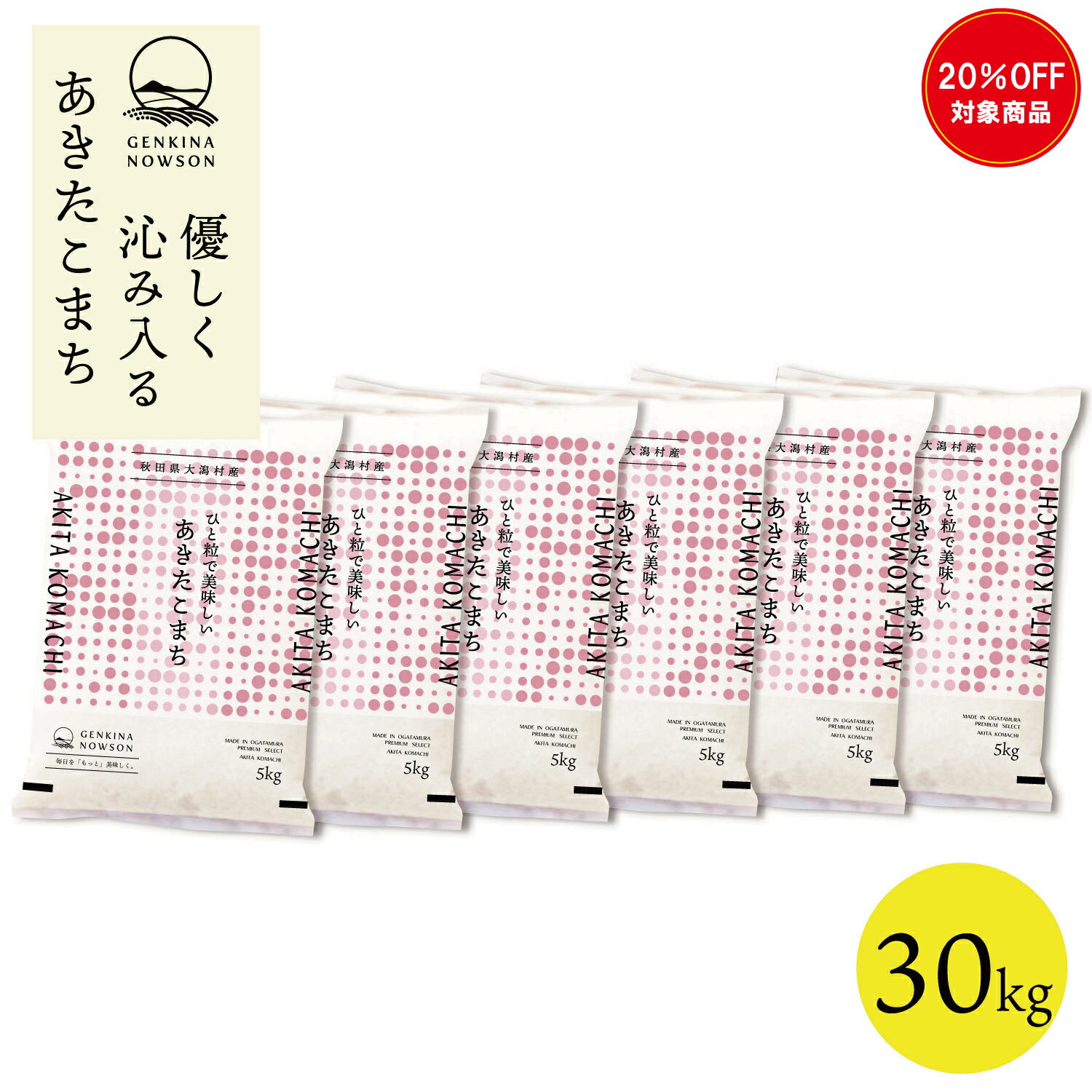 20％OFF！あきたこまち 30kg 送料無料 脱気包装5kg×6袋 選べる精米（白米／無洗米）令和7年産 秋田県産 農家直送 小分
